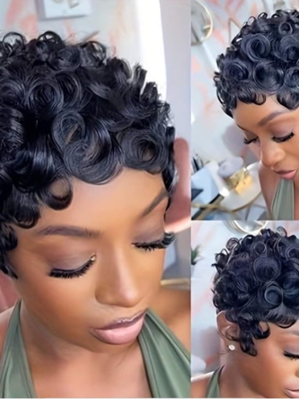 Human Hair Short Curly Pixie Wig - Black